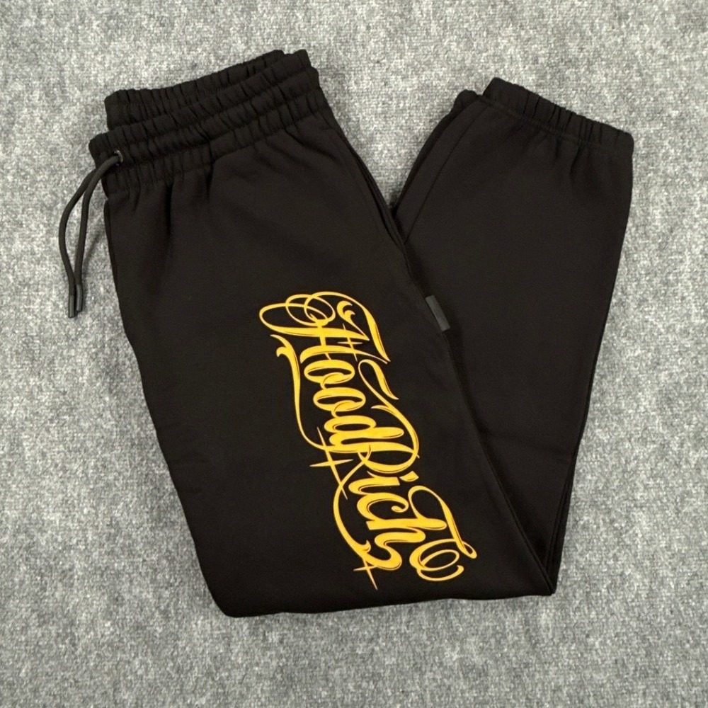 Hoodrich Legacy Joggers Mens Large Black Gold Script Sweatpants HR250053 NWT